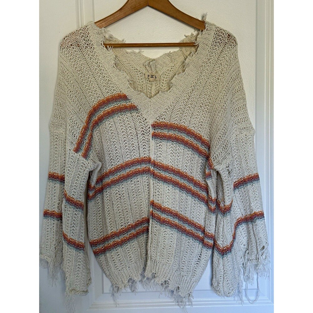 POL Women’s L Beige Open Knit Striped V-Neck Fringe Hem Pullover Sweater boho